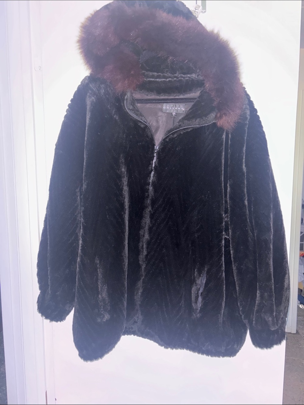 Gallery Black Fur Teddy Jacket with Brown Fox Fur Trim Hood